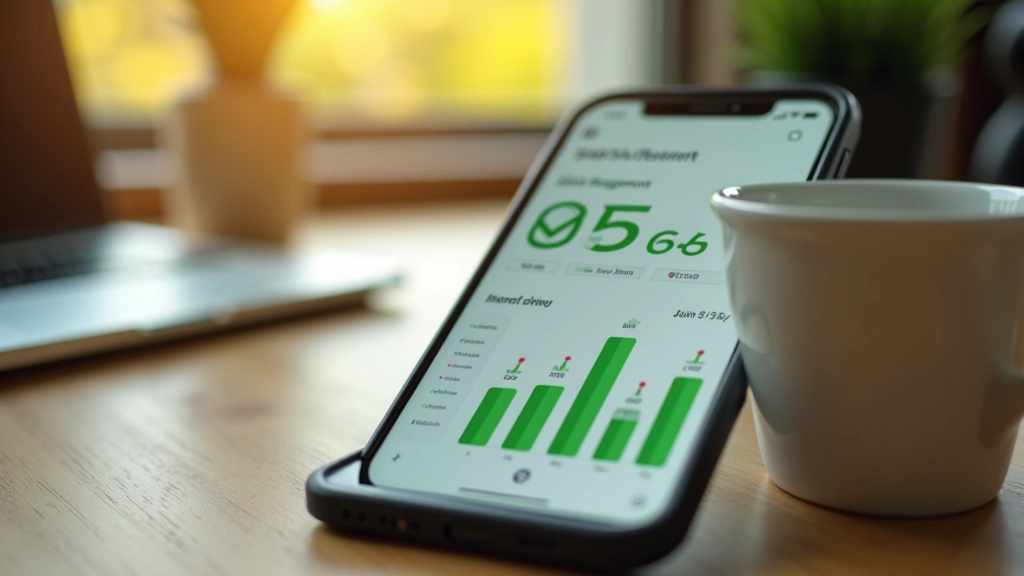 Smartphone skærm viser portefølje oversigt med søjlediagrammer og positive tal markeret i grønt
