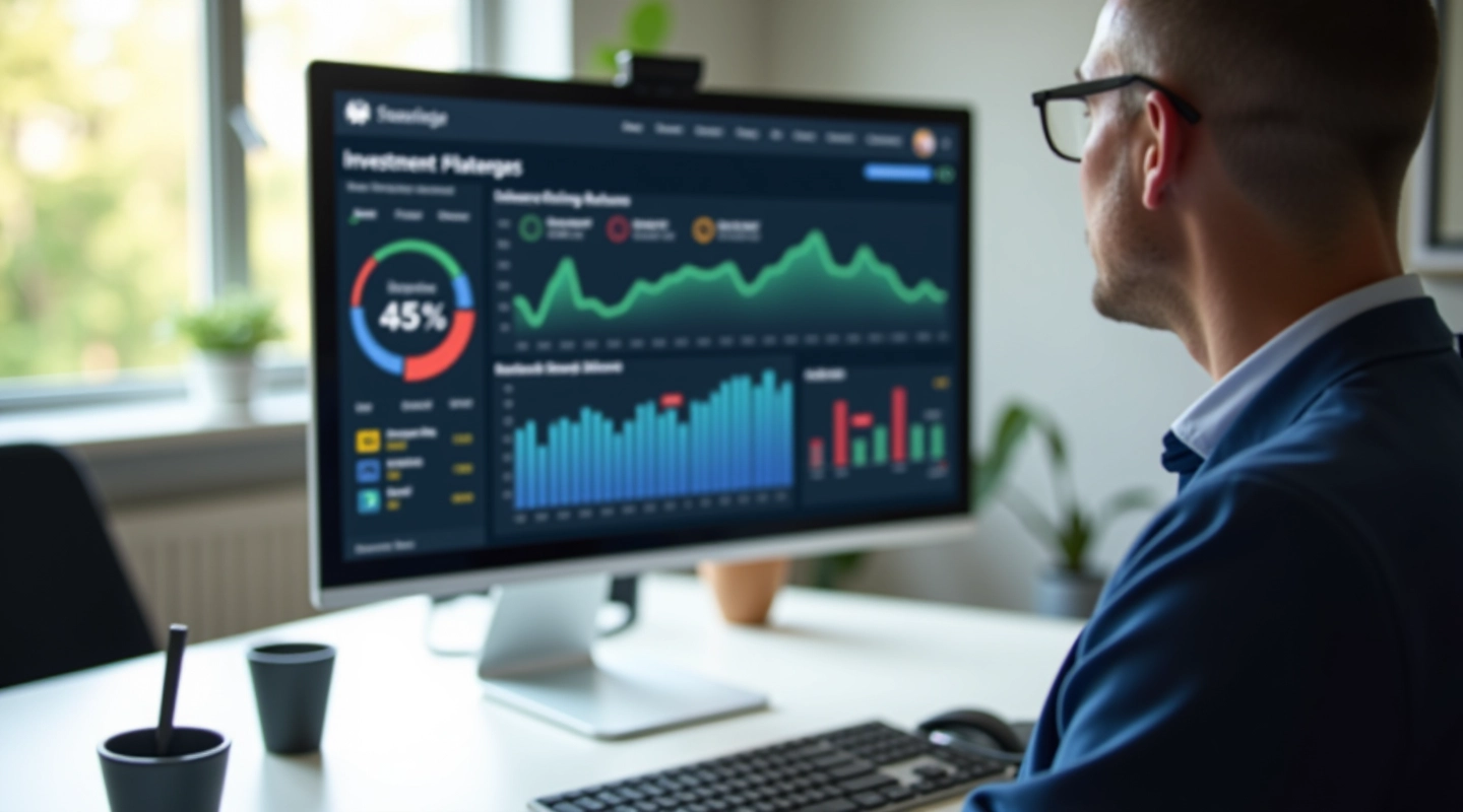 Computerskærm viser automatiseret investeringsportfolio med grafer og data på kontoret