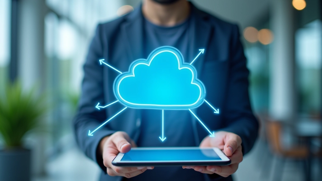 Cloud-symbol og tre enheder forbundet med linjer der viser dataflow mellem telefon tablet og computer