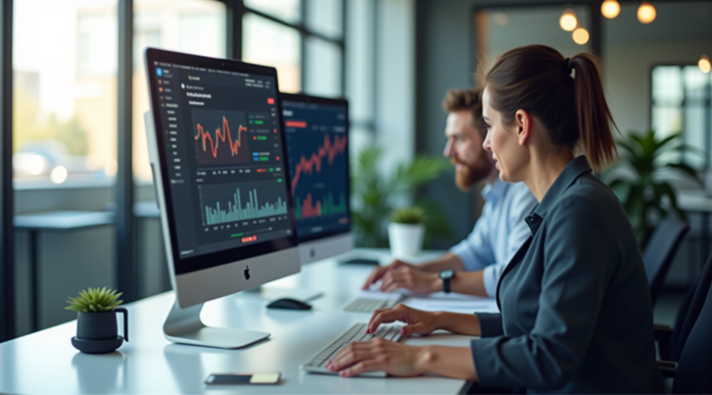 Moderne finansielt arbejdsmiljø med investerings-dashboard på computerskærm