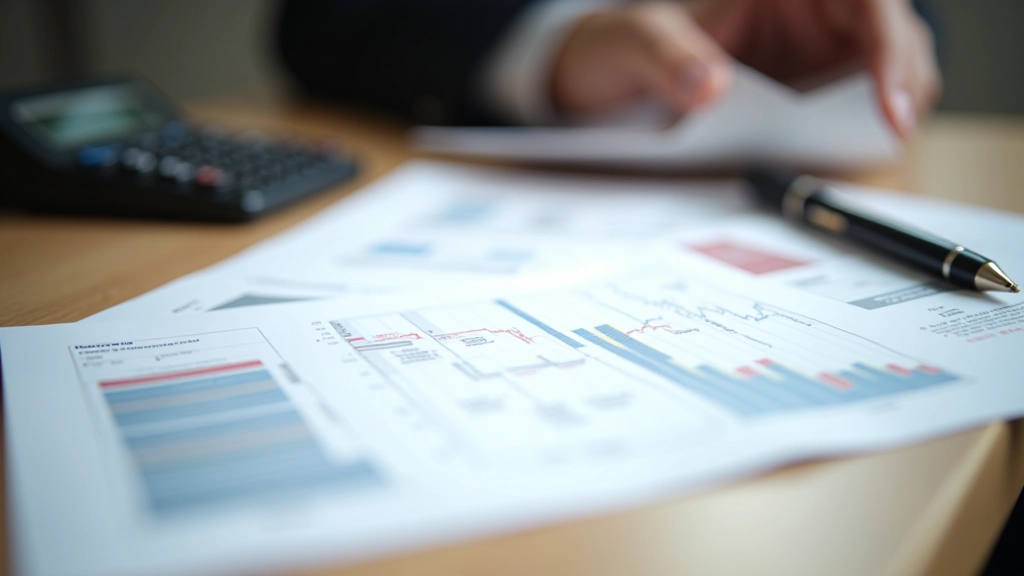 Åbent regneark med investeringsdata og beregninger på skrivebord med kalkulator og notater