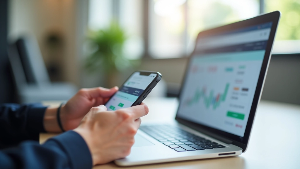 Person holder telefon og laptop ved siden af hinanden viser synkronisering af investeringsapp