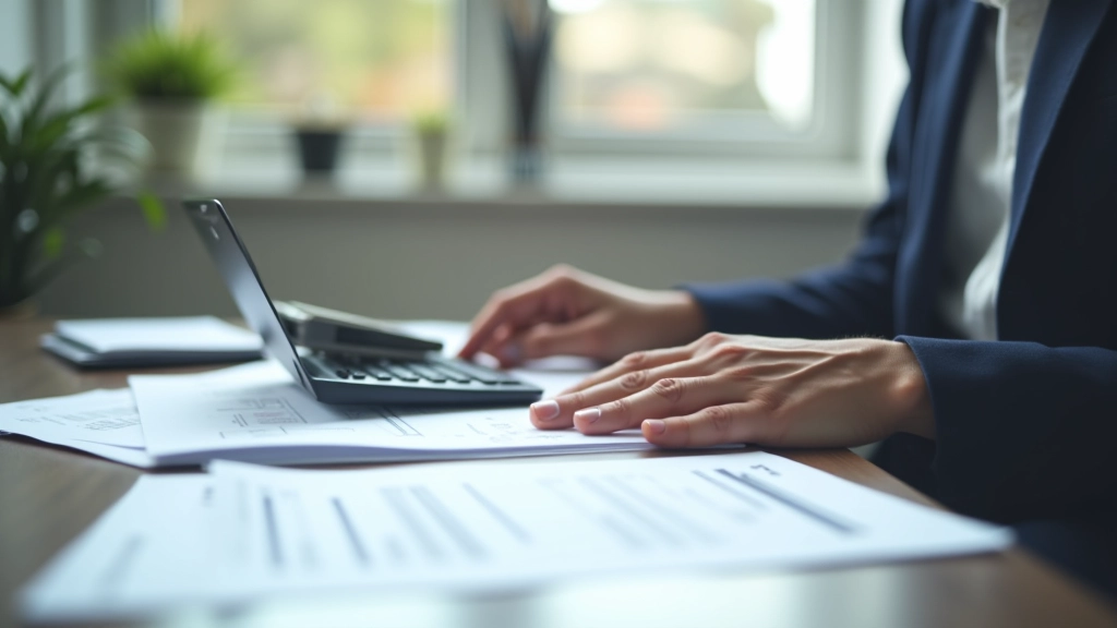 Arbejdende person med finansielle dokumenter og lommeregner på skrivebord