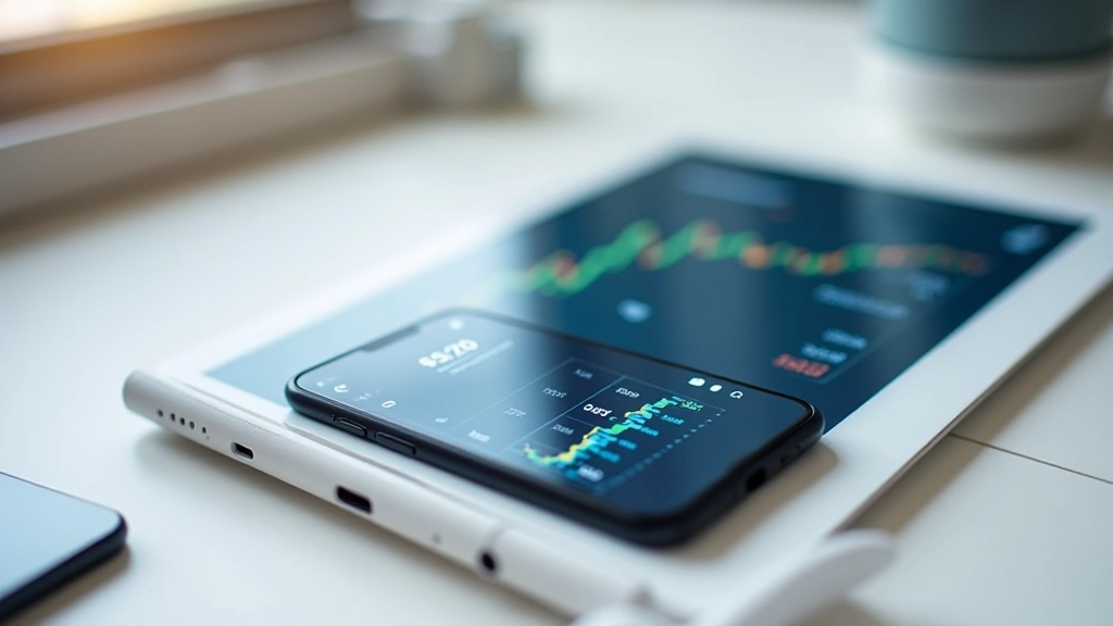 Smartphone skærm viser samme investeringsoversigt som vist på tablet ved siden af det