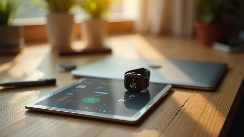 Smartwatch og tablet på skrivebord viser notifikationer om automatiske investeringer og porteføljeupdate