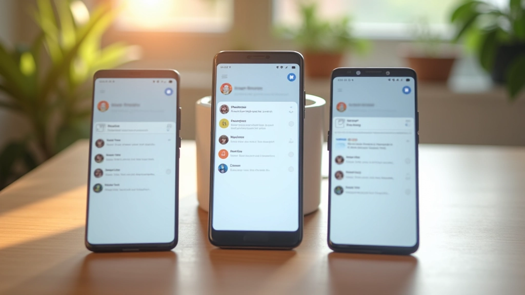 Tre telefoner ved siden af hinanden viser forskellige notifikationspaneler med forskellige alertindstillinger og filtre